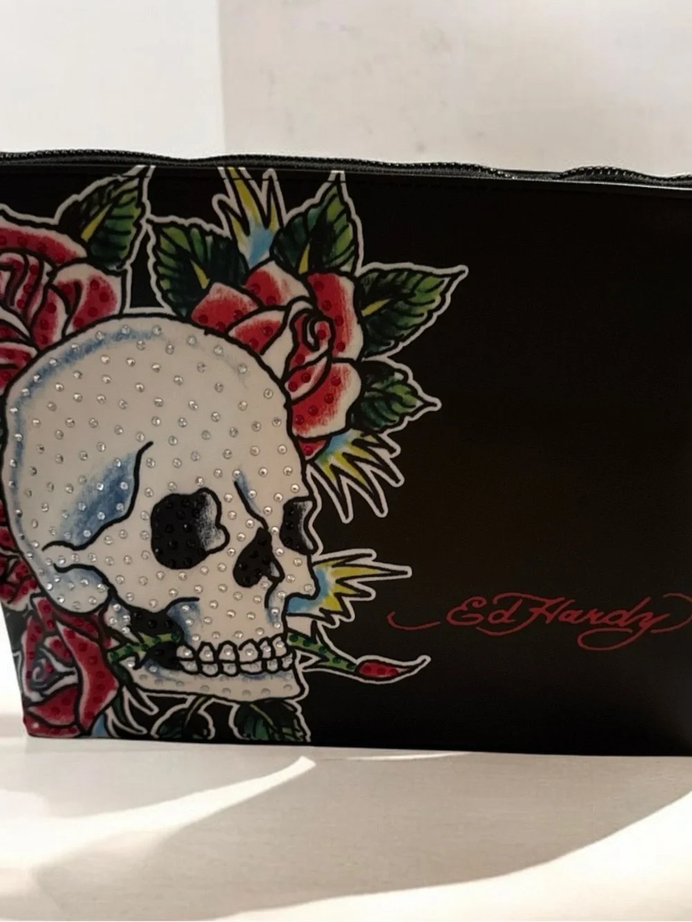 Ed Hardy Black Skull & Rose Cosmetic Pouch with Rhinestones